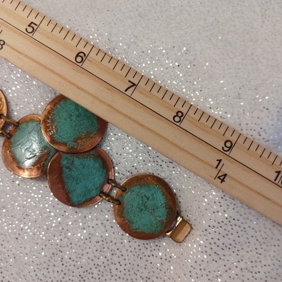 Bracelet Statement Oxidized Copper Turquoise Tone Coin Faux Bold 9" Boho Western - Picture 8 of 15